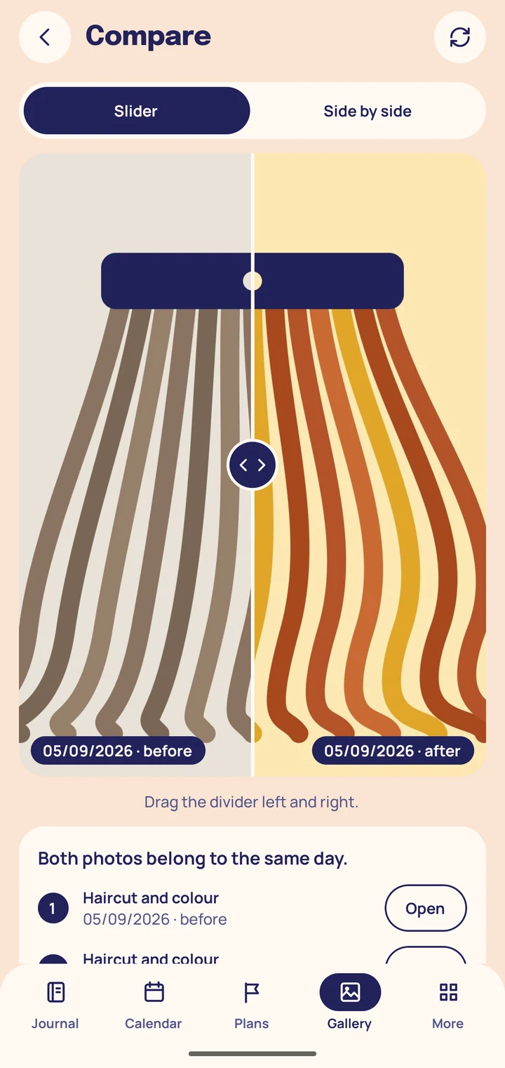 The Compare screen: two drawn hair swatches on either side of a draggable divider.