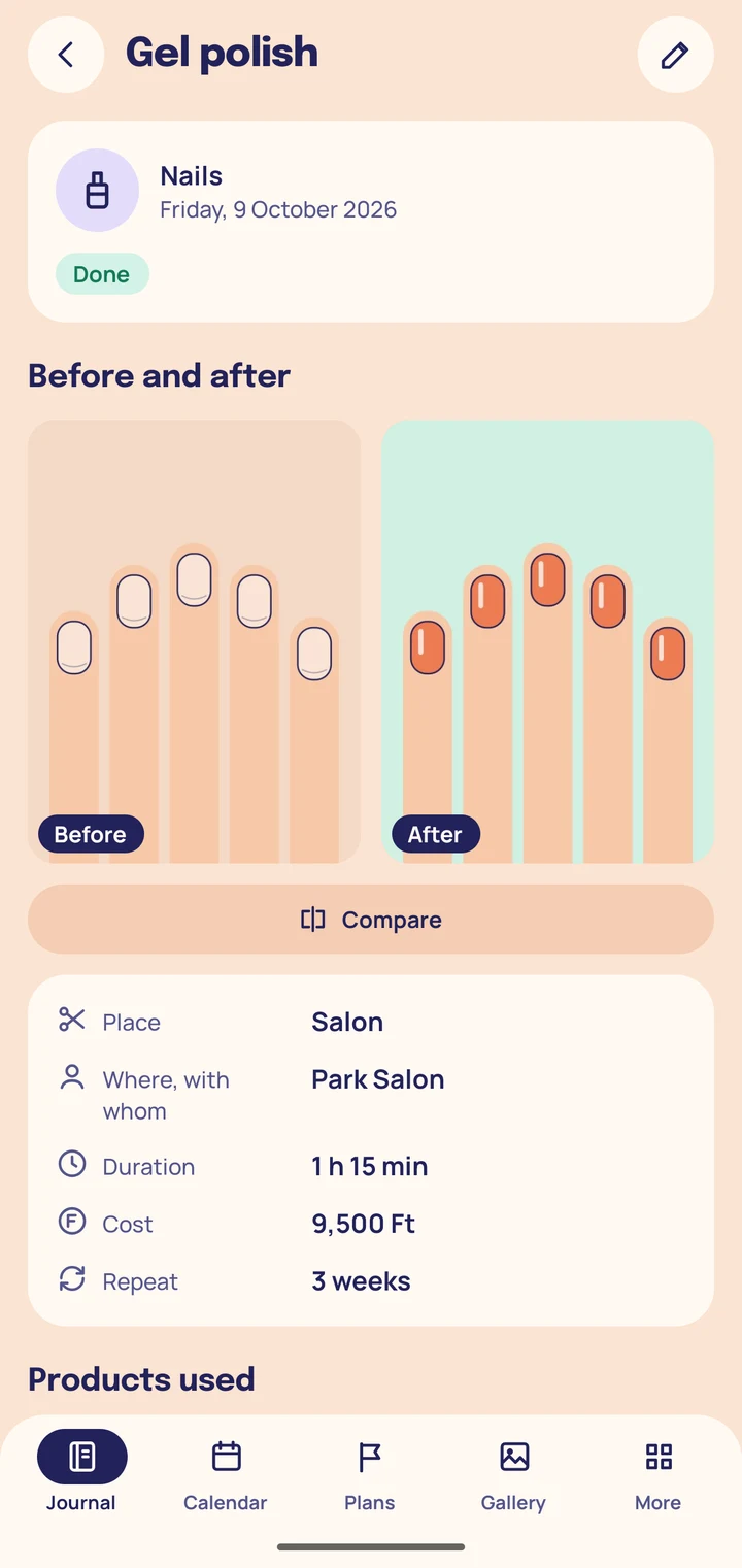 A gel polish entry with a drawn before and after picture, place, duration, cost and repeat.