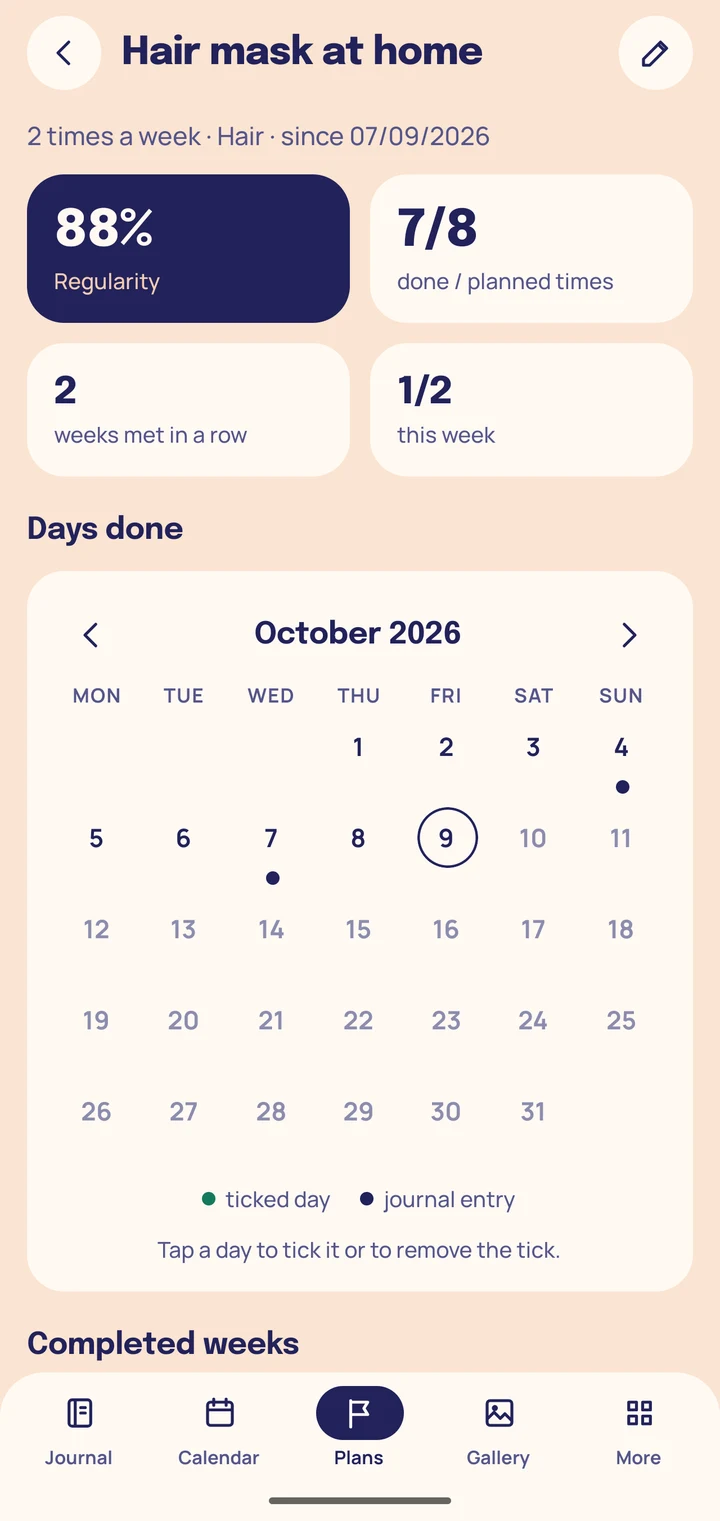 A weekly care goal: 88% regularity, 7 of 8 times, with the calendar of days done below.