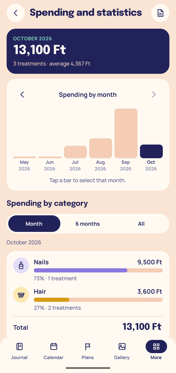 The Spending and statistics screen: a six-month bar chart and the breakdown by category.