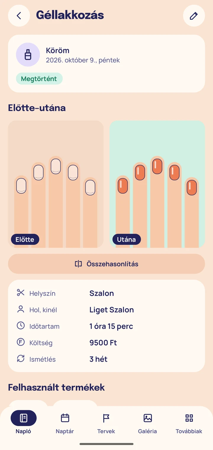 Egy géllakkozás bejegyzése rajzolt előtte és utána képpel, helyszínnel, időtartammal, költséggel és ismétléssel.