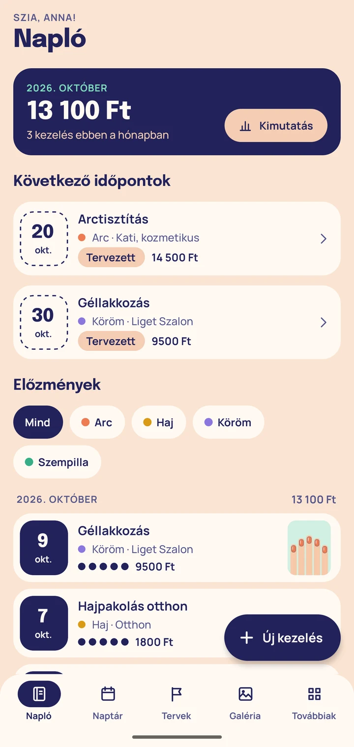 A Napló képernyő mintaadatokkal: októberi költés 13 100 Ft, két következő időpont és az előzmények listája.